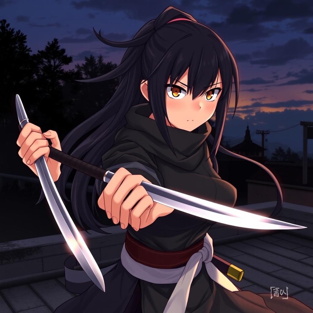 A female kunoichi (ninja) character, poised and ready for action, holding two kunais expertly in her hands