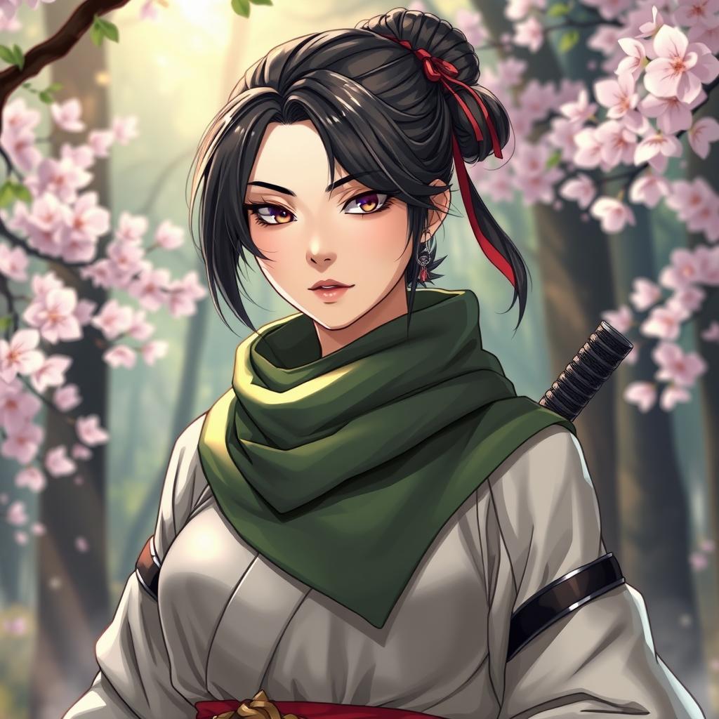 A female kunoichi (ninja) dressed in a traditional Japanese outfit, featuring a striking neck scarf (lenço) that drapes elegantly around her neck