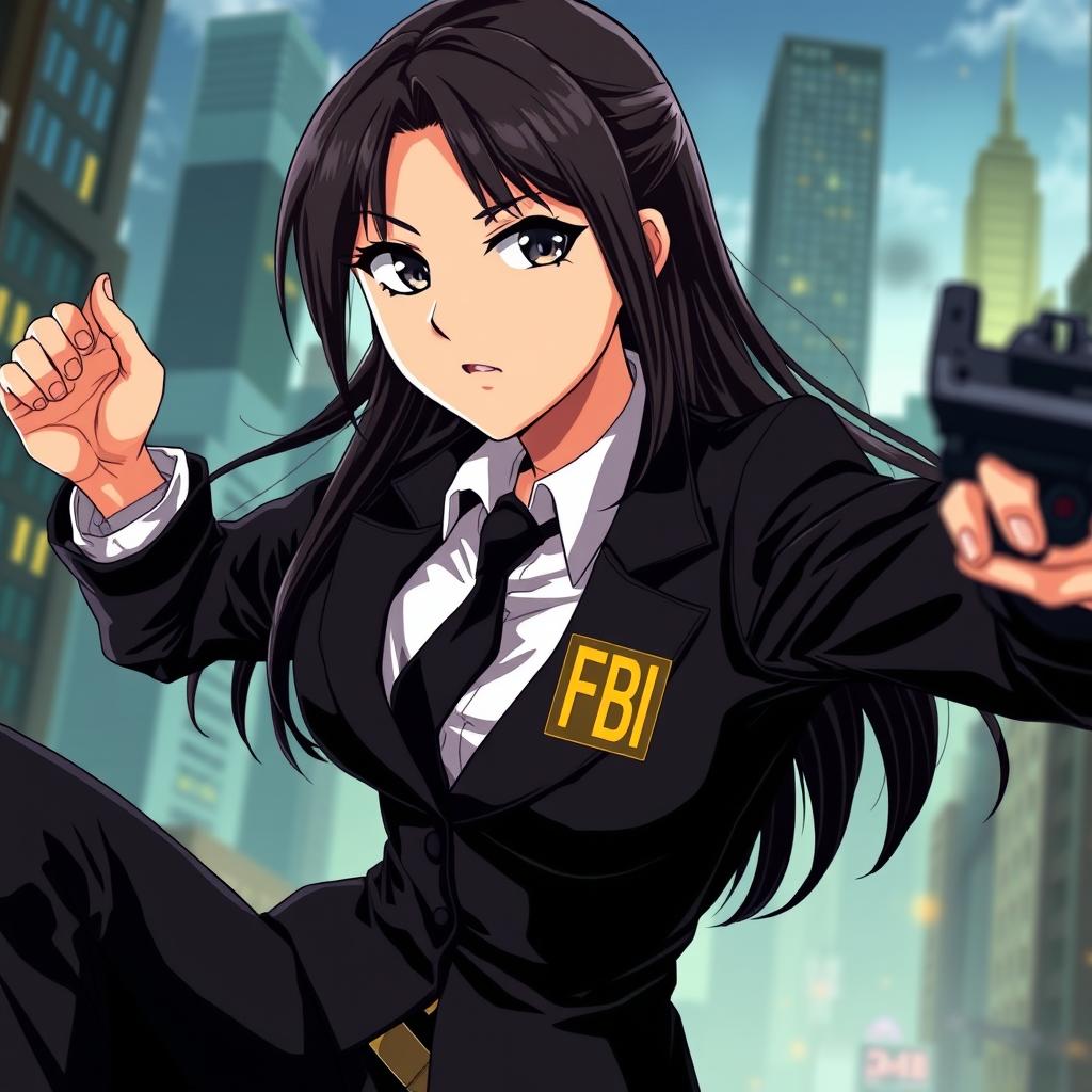 An anime-style female FBI agent, depicted in a dynamic pose with a confident expression