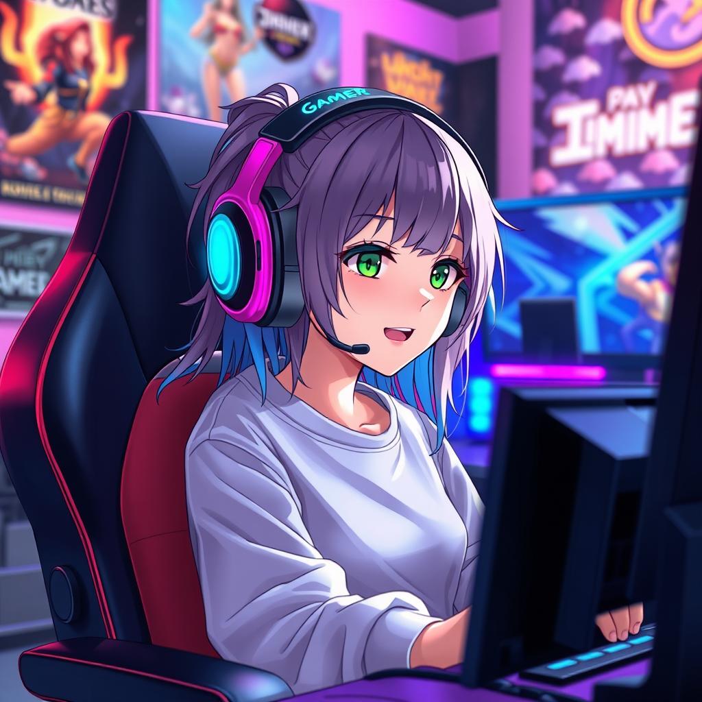 An anime-style girl gamer, sitting in an elaborate gaming chair, fully engaged in a video game