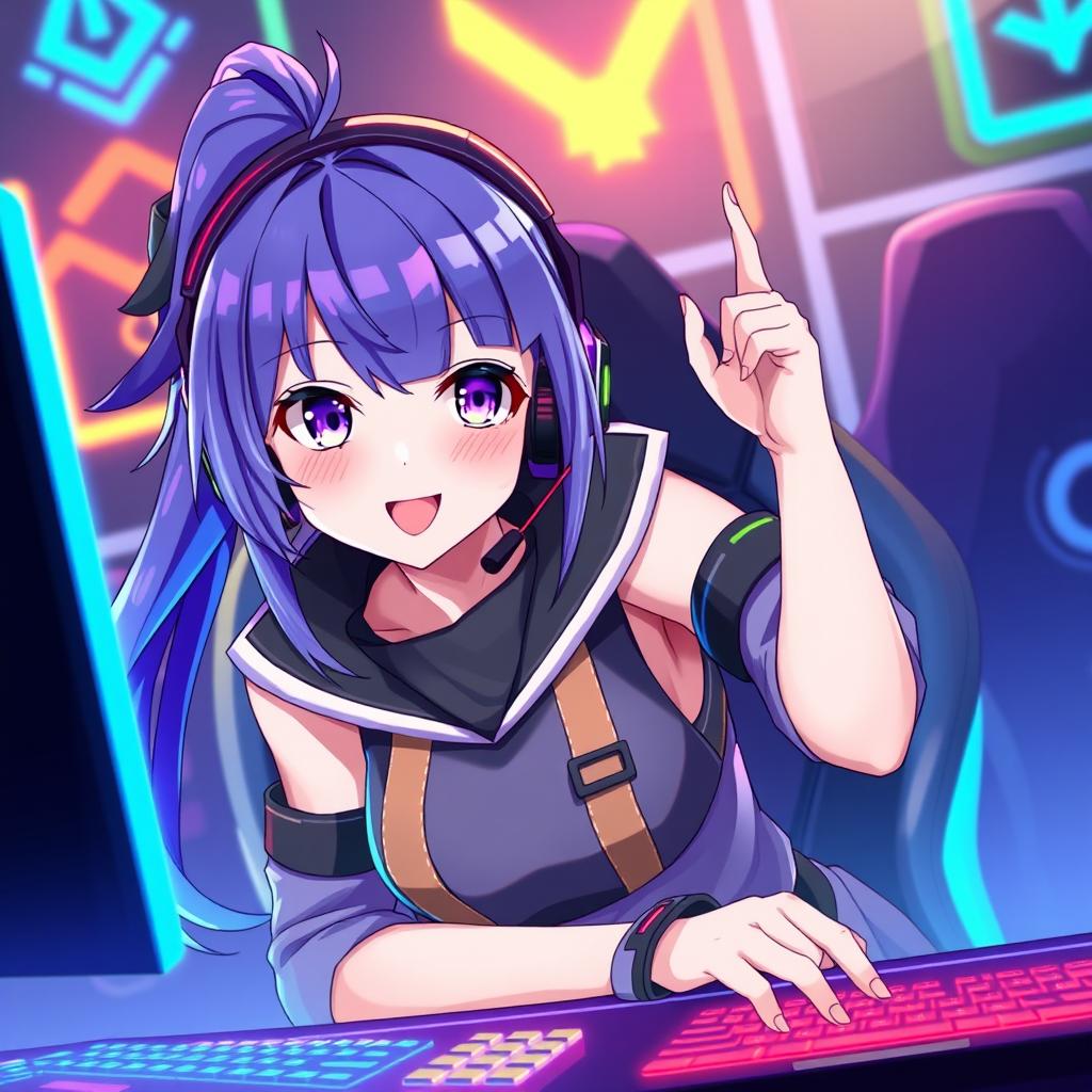 anime girl with a blue ponytail and purple highlights, wearing gaming headphones, dressed in a trendy gamer outfit, sitting at a gaming setup adorned with colorful LED lights, showing a determined and enthusiastic expression while playing a game, dynamic pose, anime style