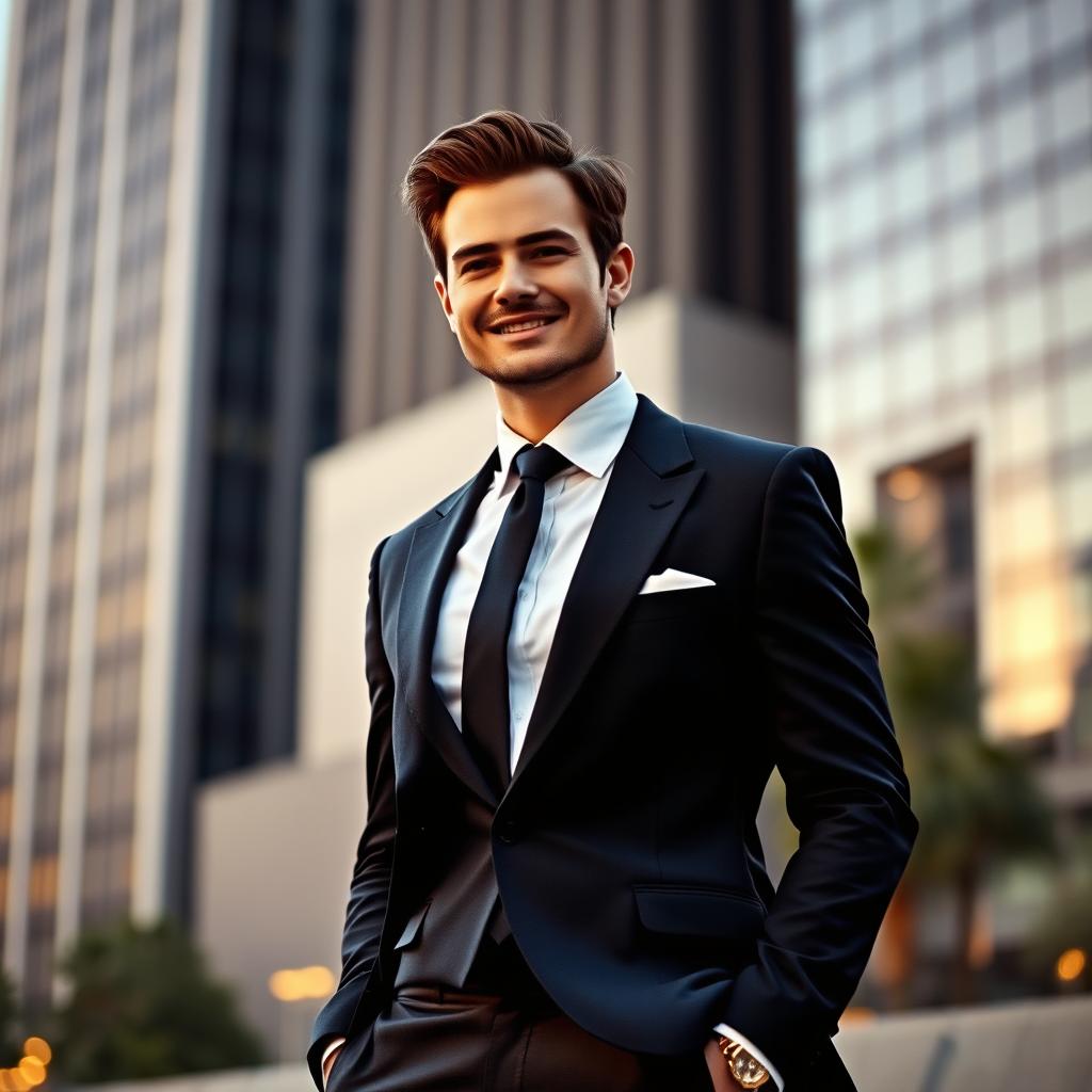 A stylish and elegant person wearing a tailored suit and pants, standing confidently