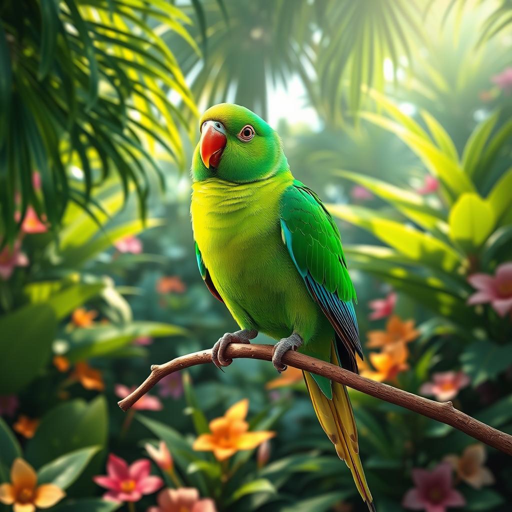 A beautifully rendered image of a vibrant green parakeet, perched gracefully on a branch