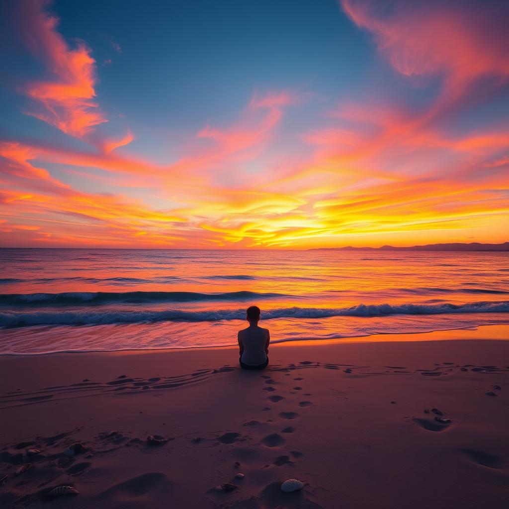 A vibrant sunset over a calm beach, showcasing beautiful waves gently lapping against the shore, with a vivid sky transitioning from blue to warm orange and pink hues