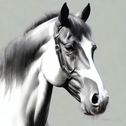 A striking coloured pencil drawing of a horse's face, this time depicting a black and white breed, exhibiting the highest quality of artistry