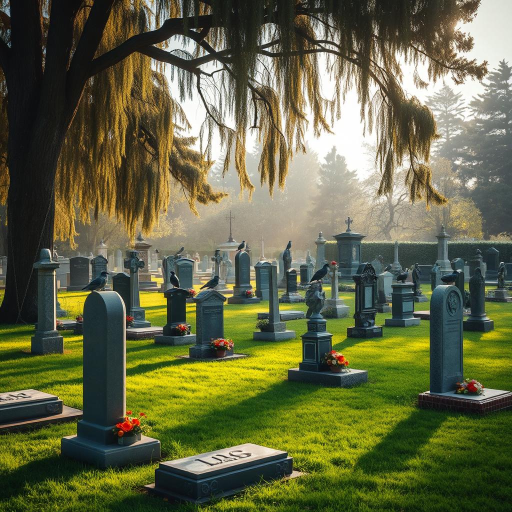 A serene and atmospheric cemetery scene featuring a well-maintained area filled with various tombstones of different designs and sizes