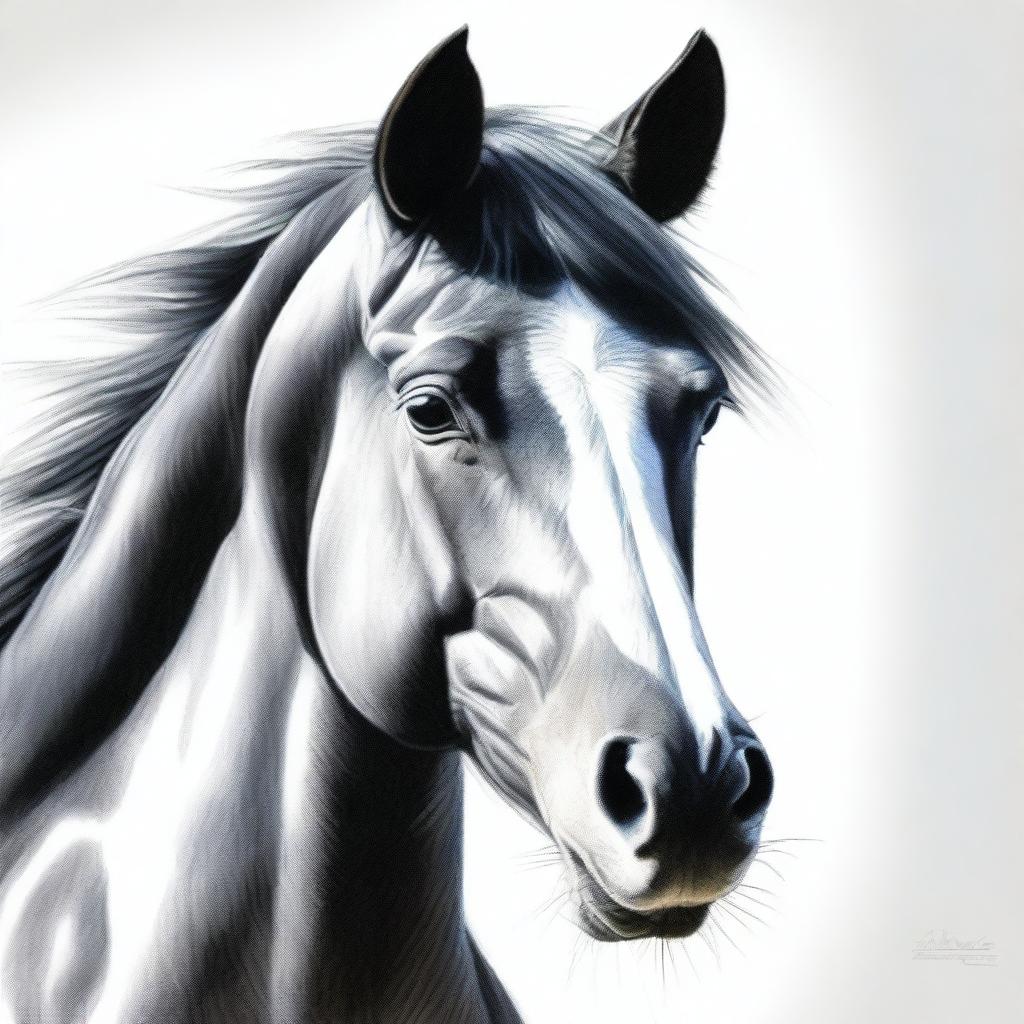 A striking coloured pencil drawing of a horse's face, this time depicting a black and white breed, exhibiting the highest quality of artistry