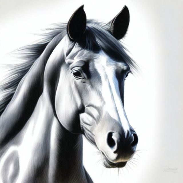 A striking coloured pencil drawing of a horse's face, this time depicting a black and white breed, exhibiting the highest quality of artistry