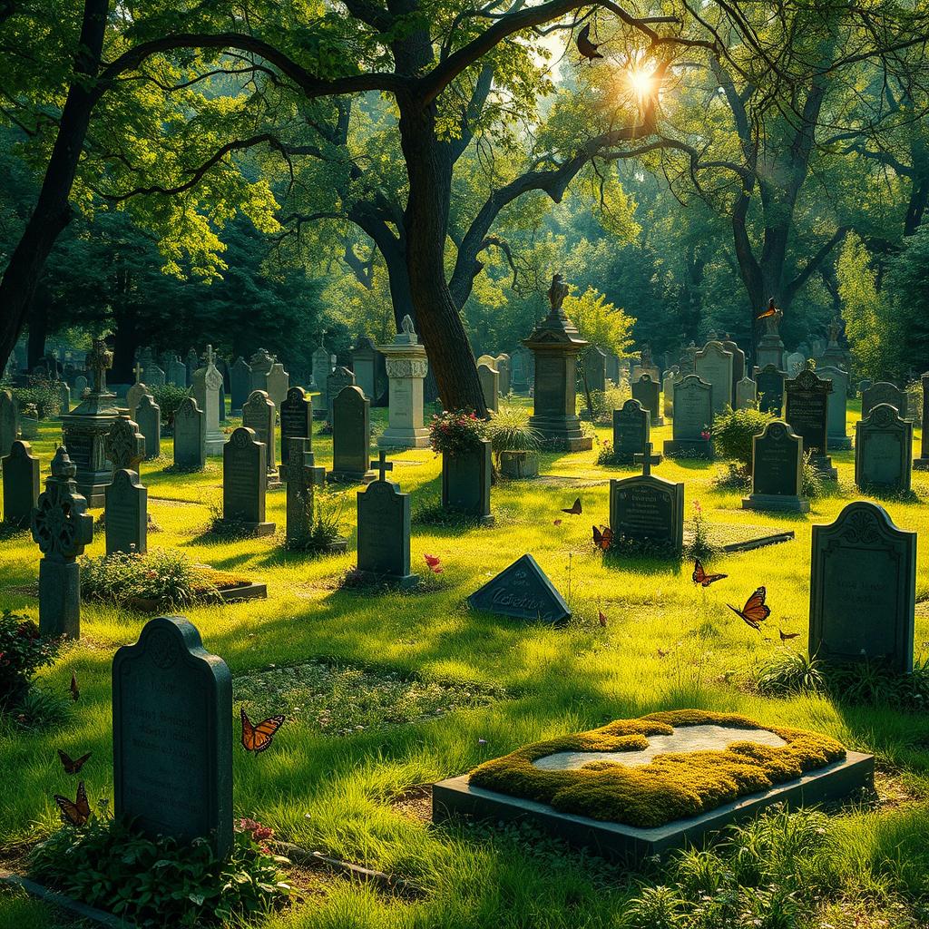 A serene and atmospheric cemetery scene featuring an array of unique tombstones interspersed throughout a lush, green landscape
