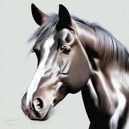 A striking coloured pencil drawing of a horse's face, this time depicting a black and white breed, exhibiting the highest quality of artistry