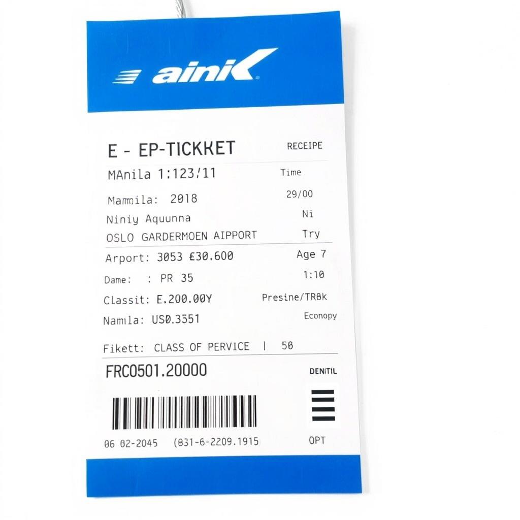 An E-Ticket receipt for a flight from Manila to Norway, featuring the airline logo at the top, flight details including date, time, departure airport (Ninoy Aquino International Airport), arrival airport (Oslo Gardermoen Airport), passenger details (name: Max Larson, age: 35), flight number (PR 3051), class of service (Economy), ticket price (USD 1,200), and QR code section for boarding passes