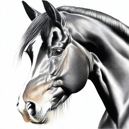 A striking coloured pencil drawing of a horse's face, this time depicting a black and white breed, exhibiting the highest quality of artistry