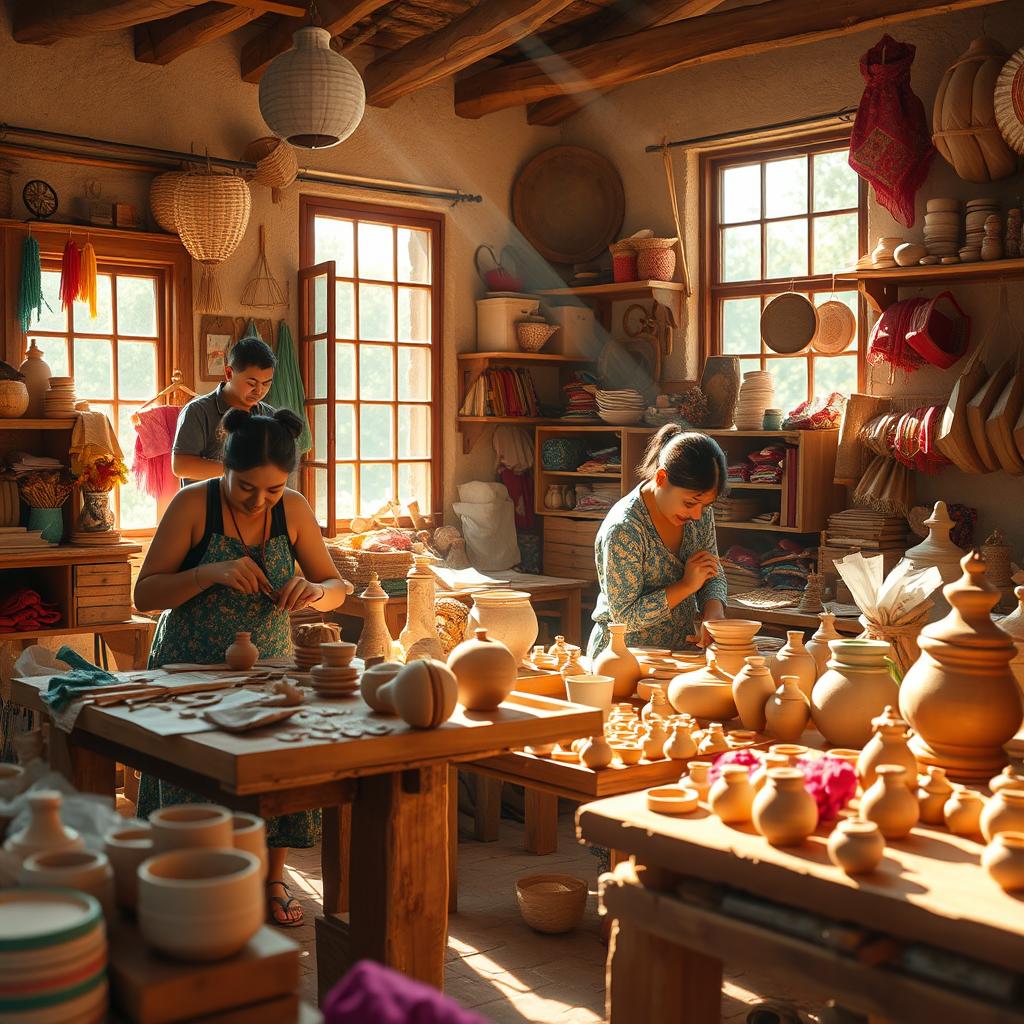 A vibrant and colorful scene depicting a traditional artisan workshop where skilled craftspeople are making intricate handmade items