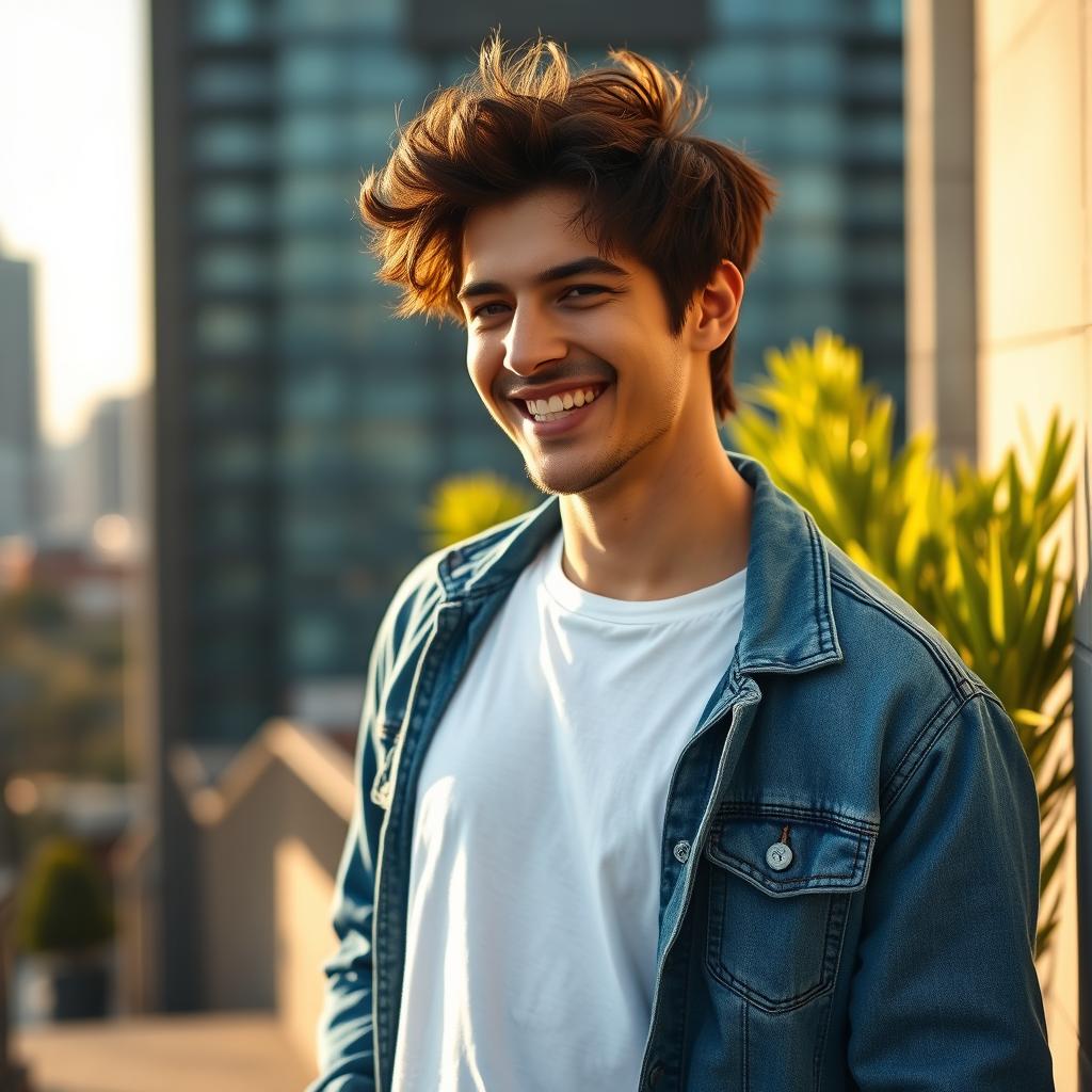 A visually appealing Tinder profile photo of a young man in his late twenties, standing confidently against an urban background