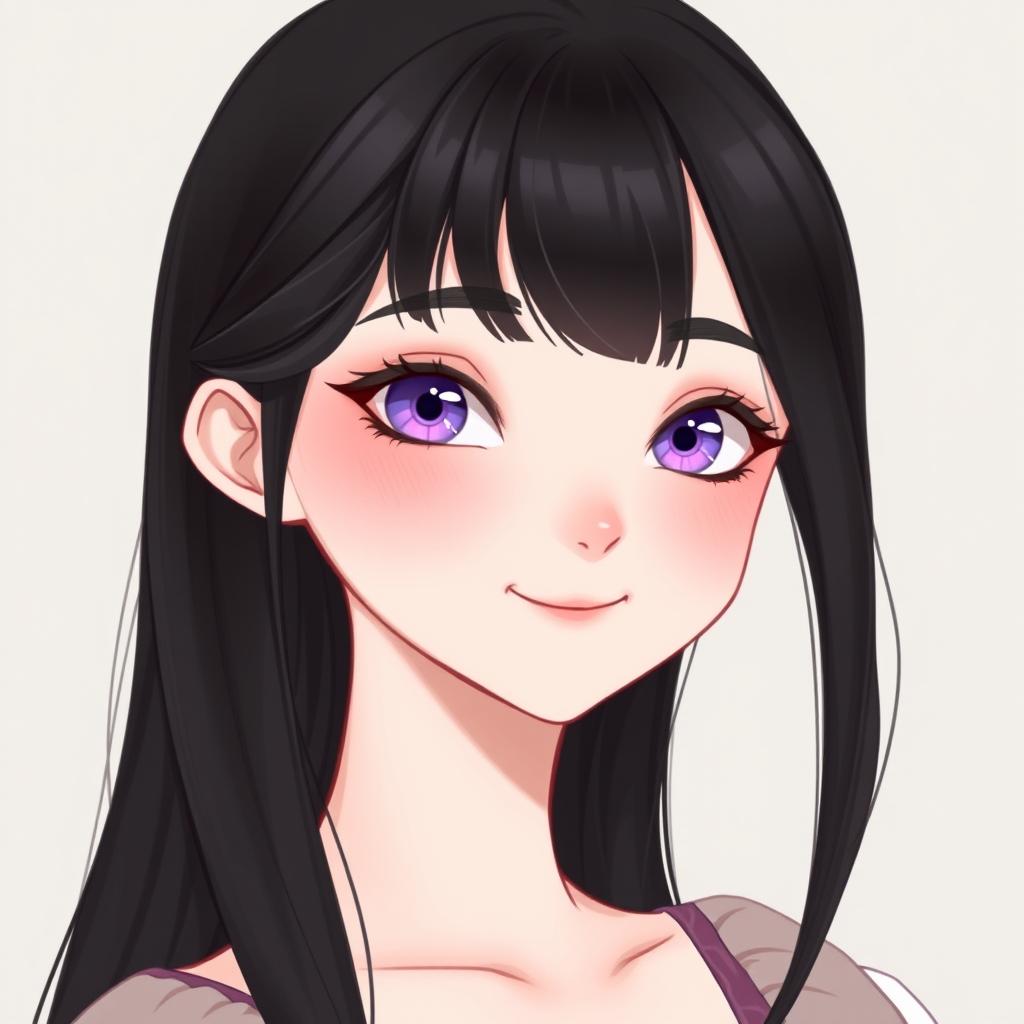 An illustration of a young woman with long, silky black hair styled smoothly, with bangs framing her delicate face and a single strand falling gracefully over her forehead