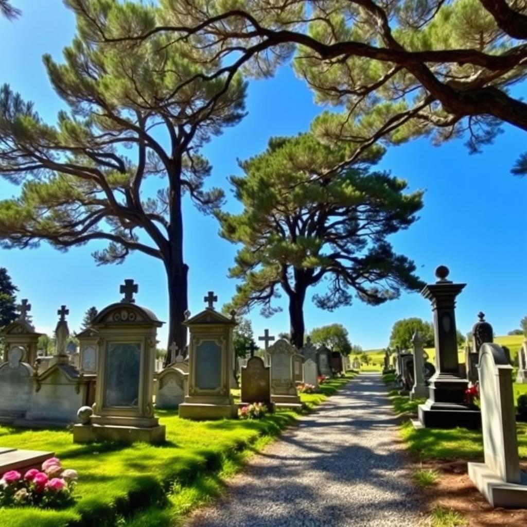 A tranquil cemetery scene showcasing an array of distinct tombstones set within a peaceful landscape