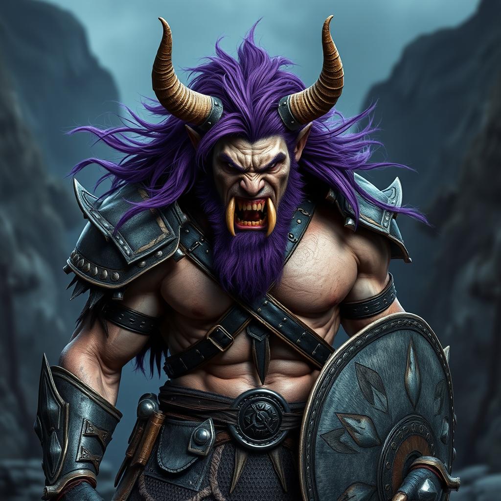 A full-body shot of a fierce armored Nordic warrior beast man, dressed in skimpy yet striking armor that accentuates his imposing muscular physique