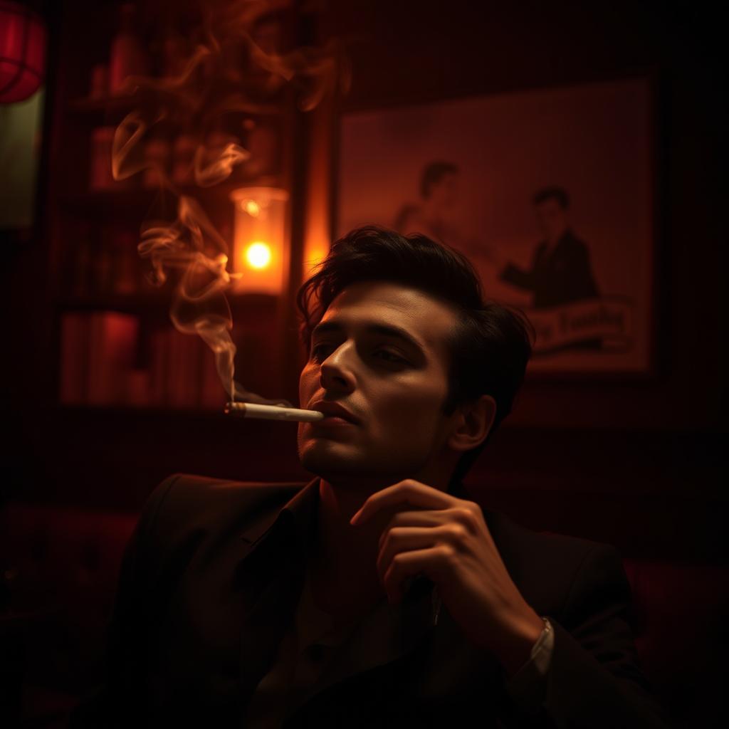 An intriguing scene capturing a stylish adult figure exhaling smoke from a cigarette in a moody environment