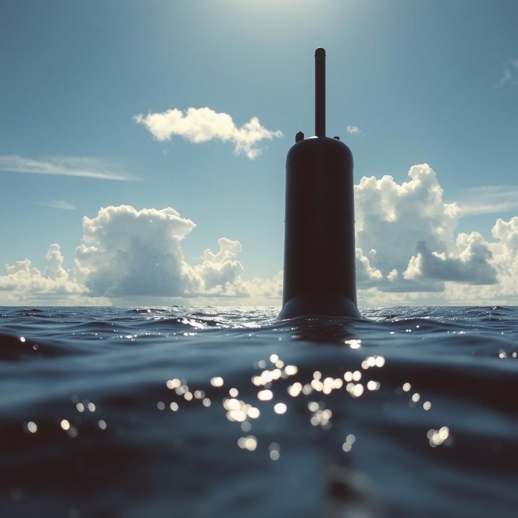 A vertical periscope of a submarine emerging from the water, surrounded by beautiful clouds and a serene sea