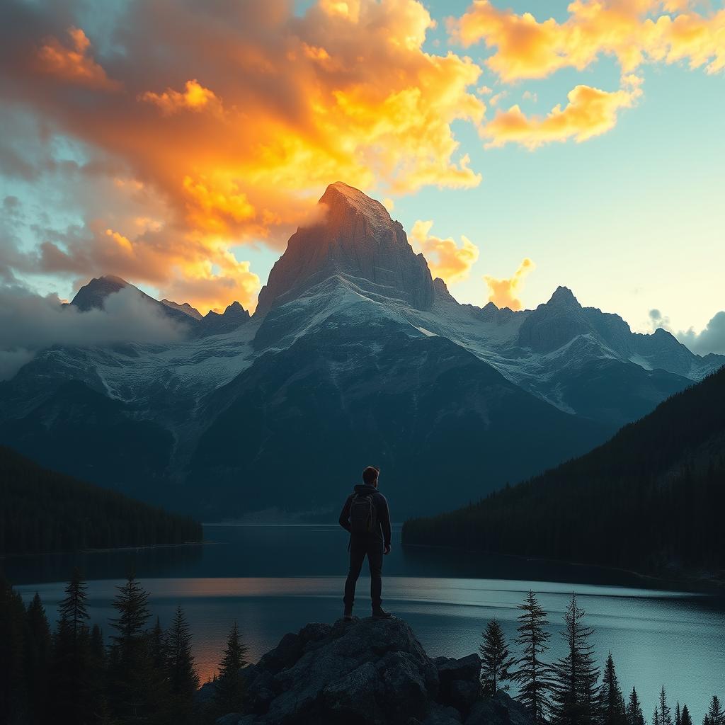 A breathtaking cinematic landscape featuring a towering mountain range at sunset, with dramatic clouds and warm golden light illuminating the peaks