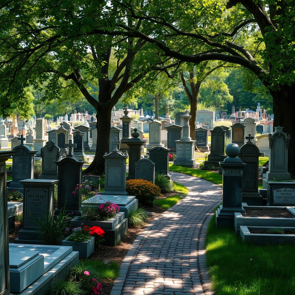 A tranquil cemetery scene filled with an array of meticulously carved tombstones, each unique in design and character