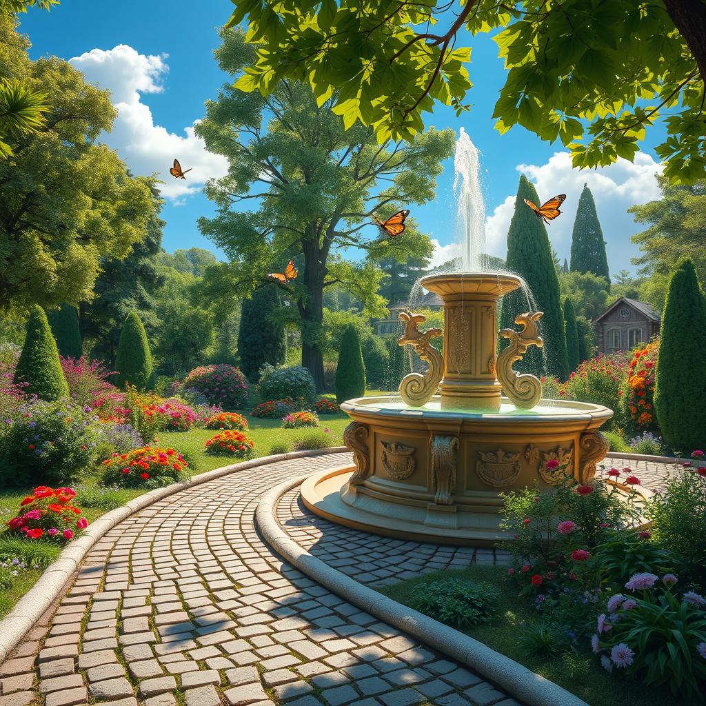 An imaginative scene featuring an intricately designed fountain spouting water in a vibrant garden