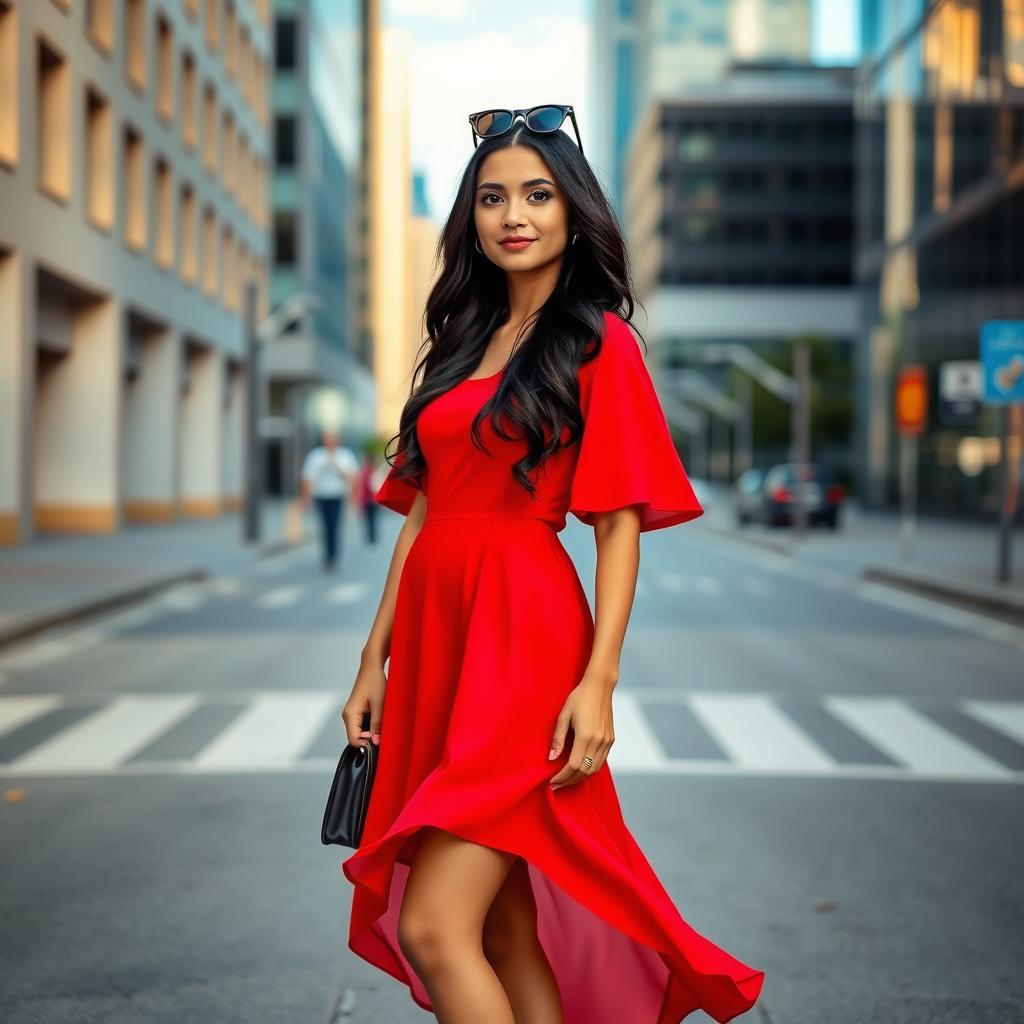 A stylish young woman standing confidently in a city street, wearing a vibrant red dress that flows elegantly around her knees