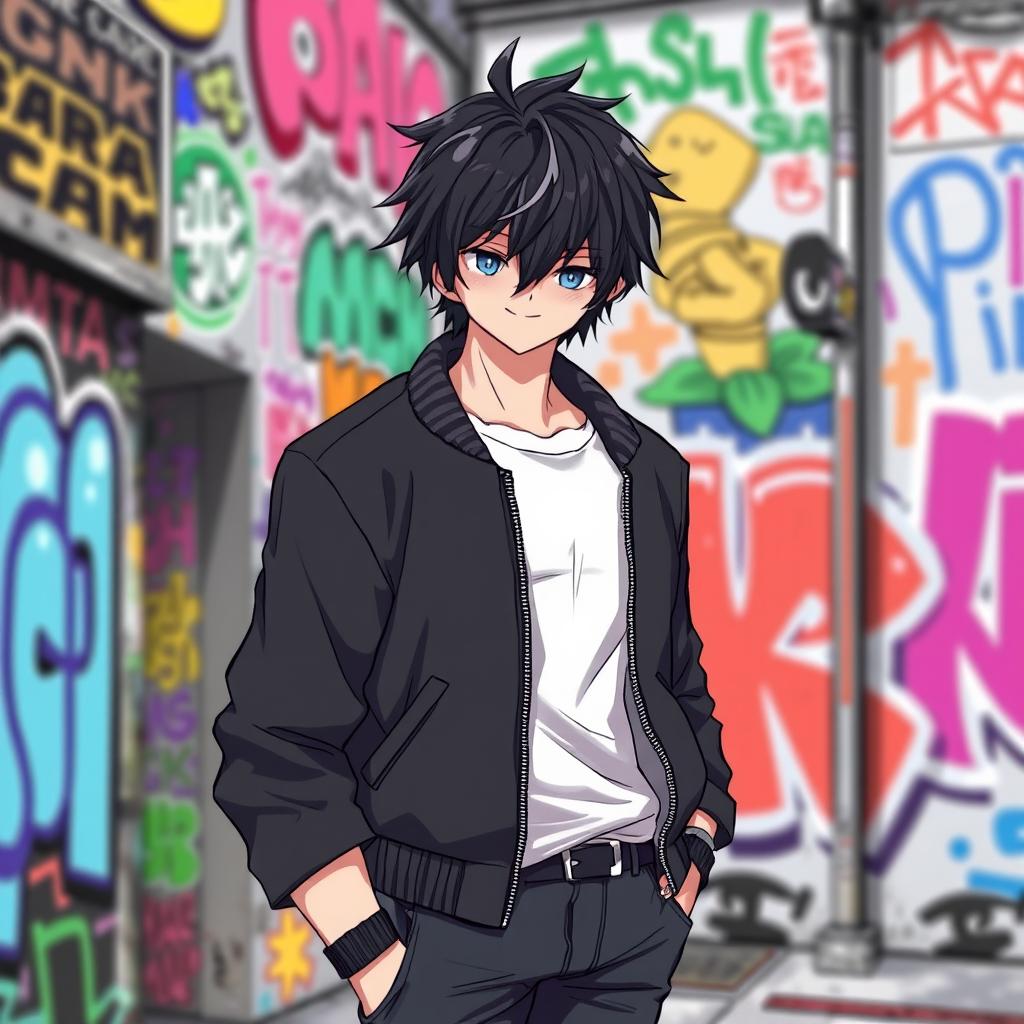 A black-haired male character, depicted in an anime style, wearing modern clothing such as a stylish bomber jacket and fitted jeans