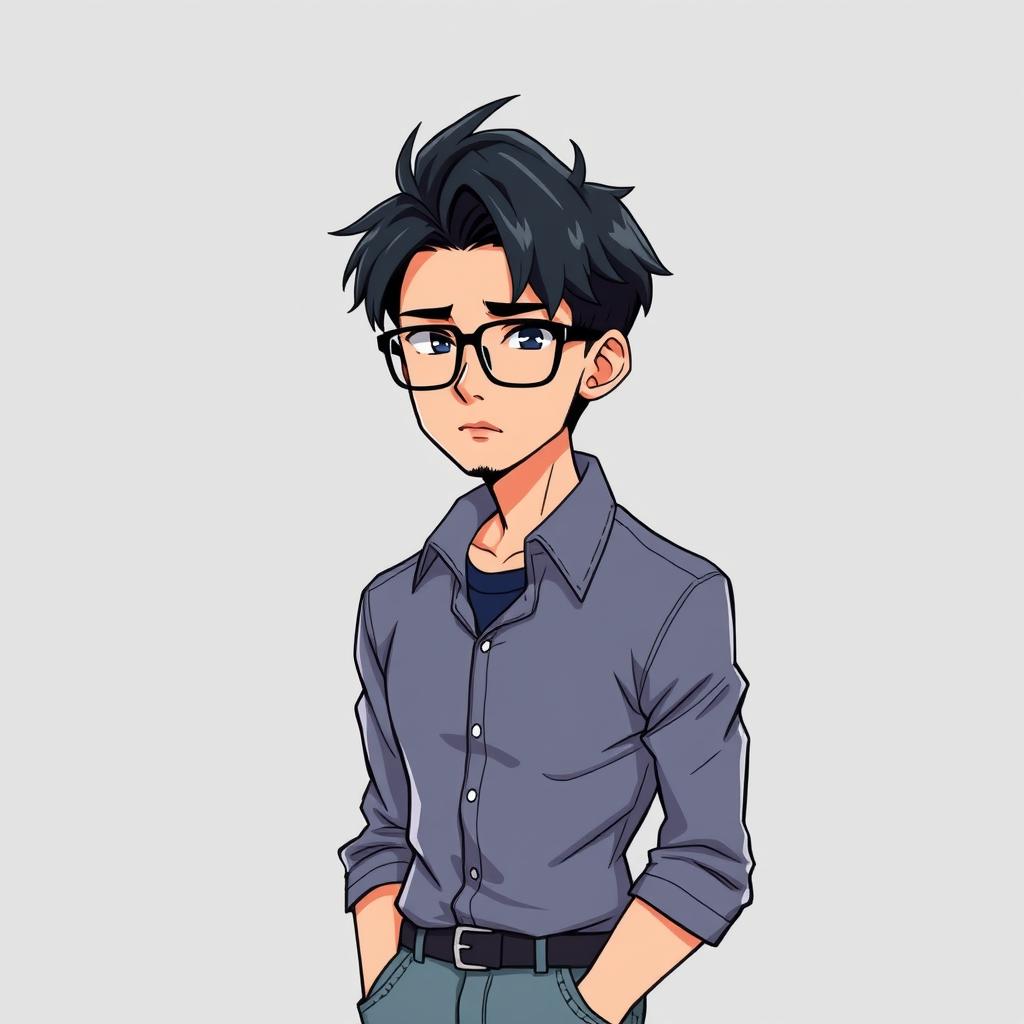 A black-haired adult male character illustrated in manhwa style, wearing modern casual clothing like a fitted shirt and stylish jeans