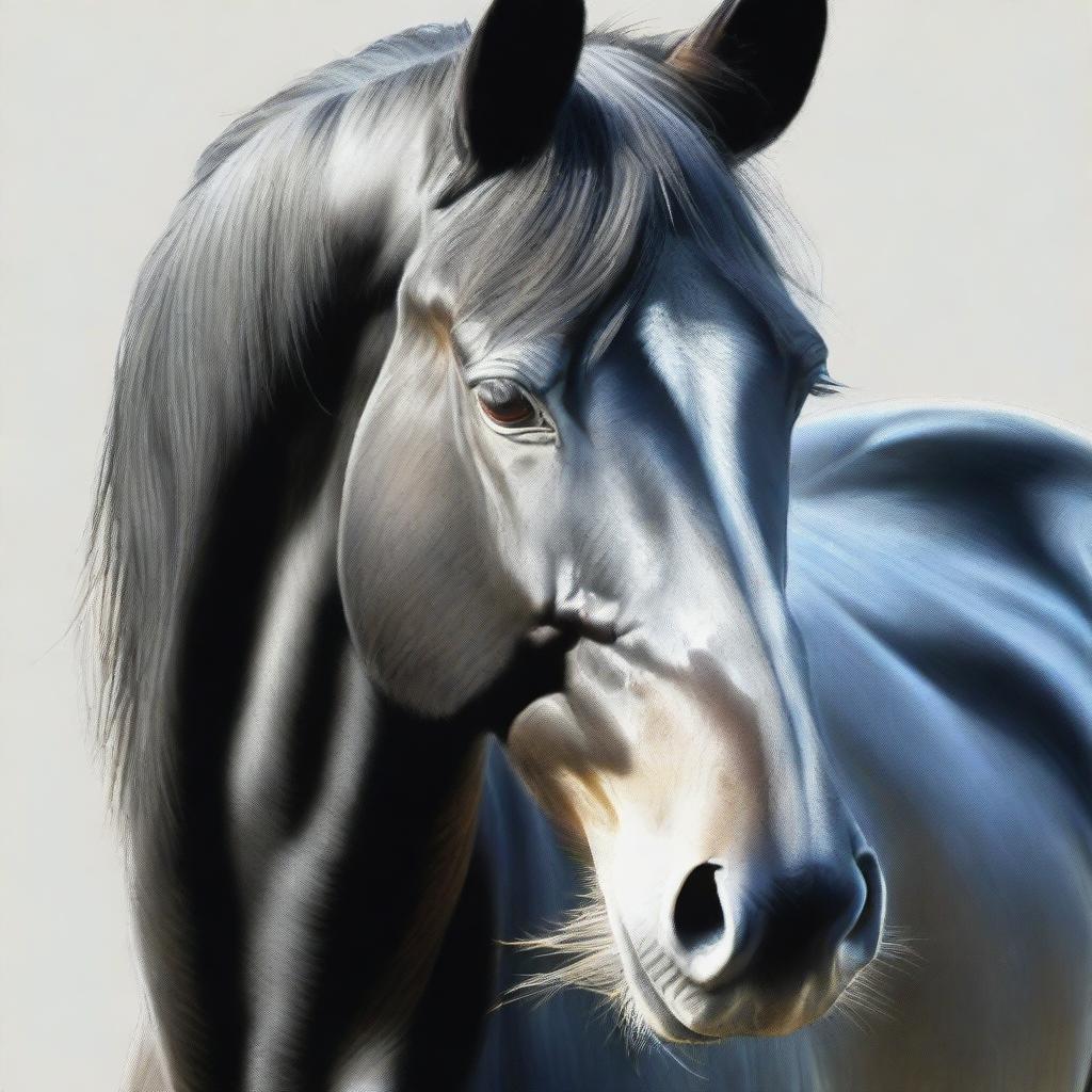 This is a captivating coloured pencil drawing of a black horse's face, demonstrating the highest quality of craftsmanship