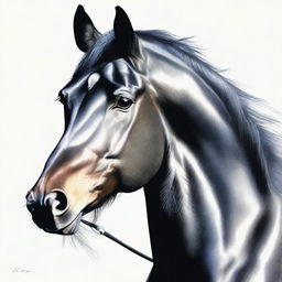 This is a captivating coloured pencil drawing of a black horse's face, demonstrating the highest quality of craftsmanship