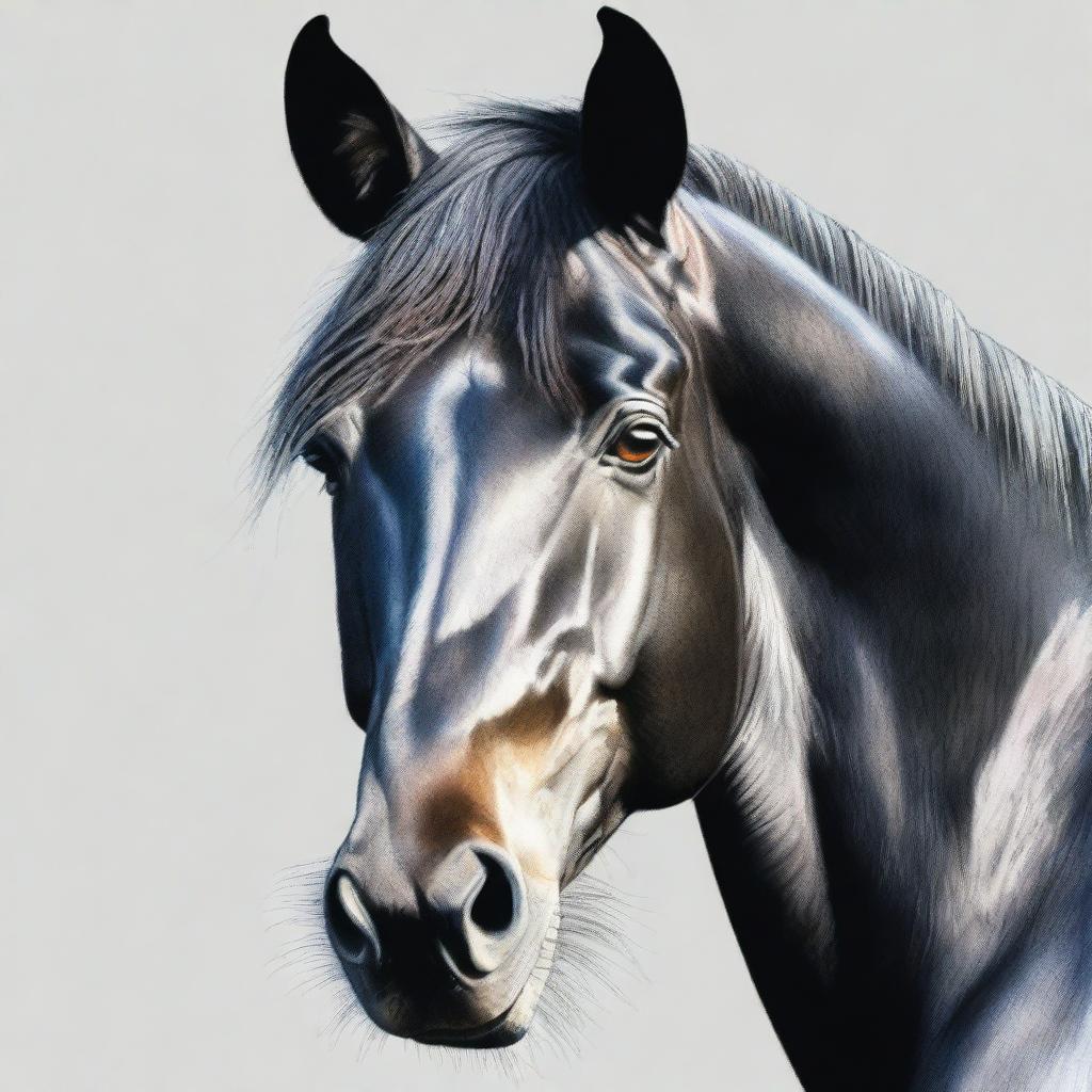 This is a captivating coloured pencil drawing of a black horse's face, demonstrating the highest quality of craftsmanship