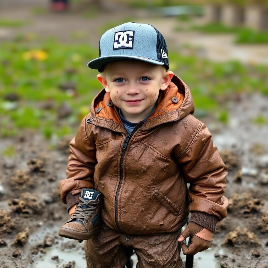 A muddy scene featuring a young boy covered in mud, wearing muddy DC high-top skate shoes, a bubble jacket, and bubble pants