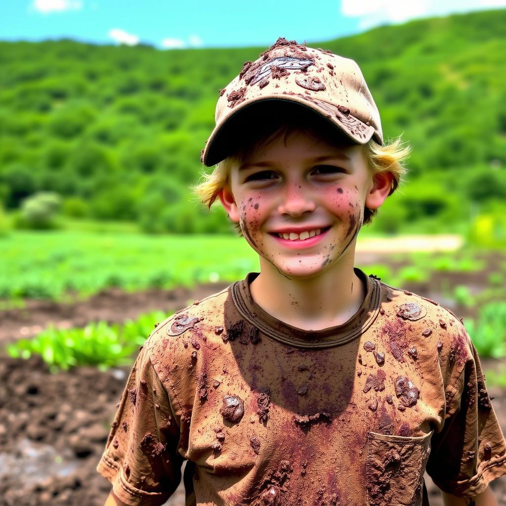 A rugged outdoor scene featuring a young adult with mud splattered all over their clothing, including a baseball cap