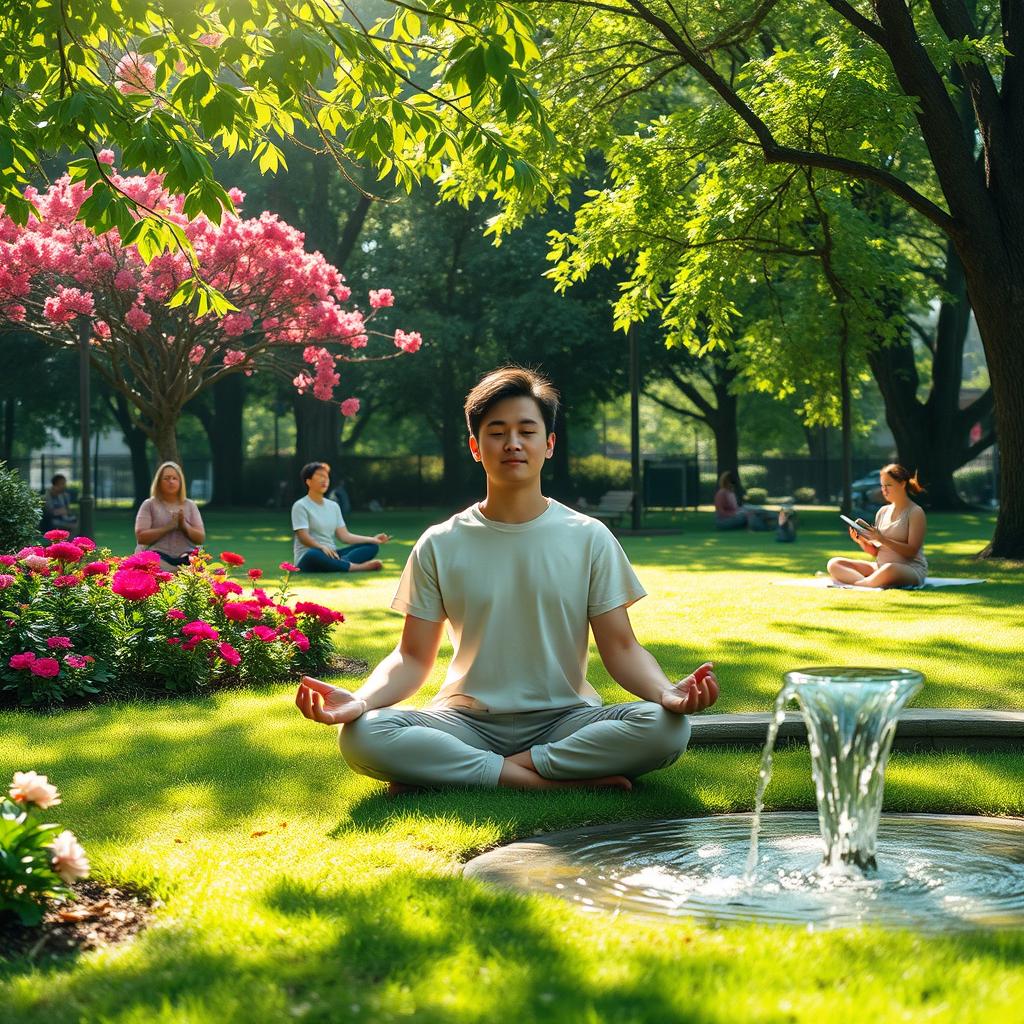 A serene and tranquil scene depicting personal development and well-being, featuring a peaceful person meditating in a lush green park surrounded by vibrant flowers and trees