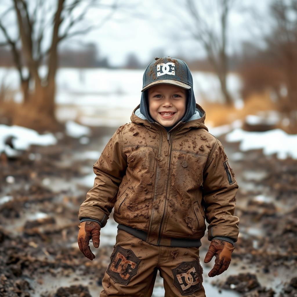 A young boy covered in mud, showcasing an adventurous spirit, wearing extremely muddy winter pants and a winter jacket