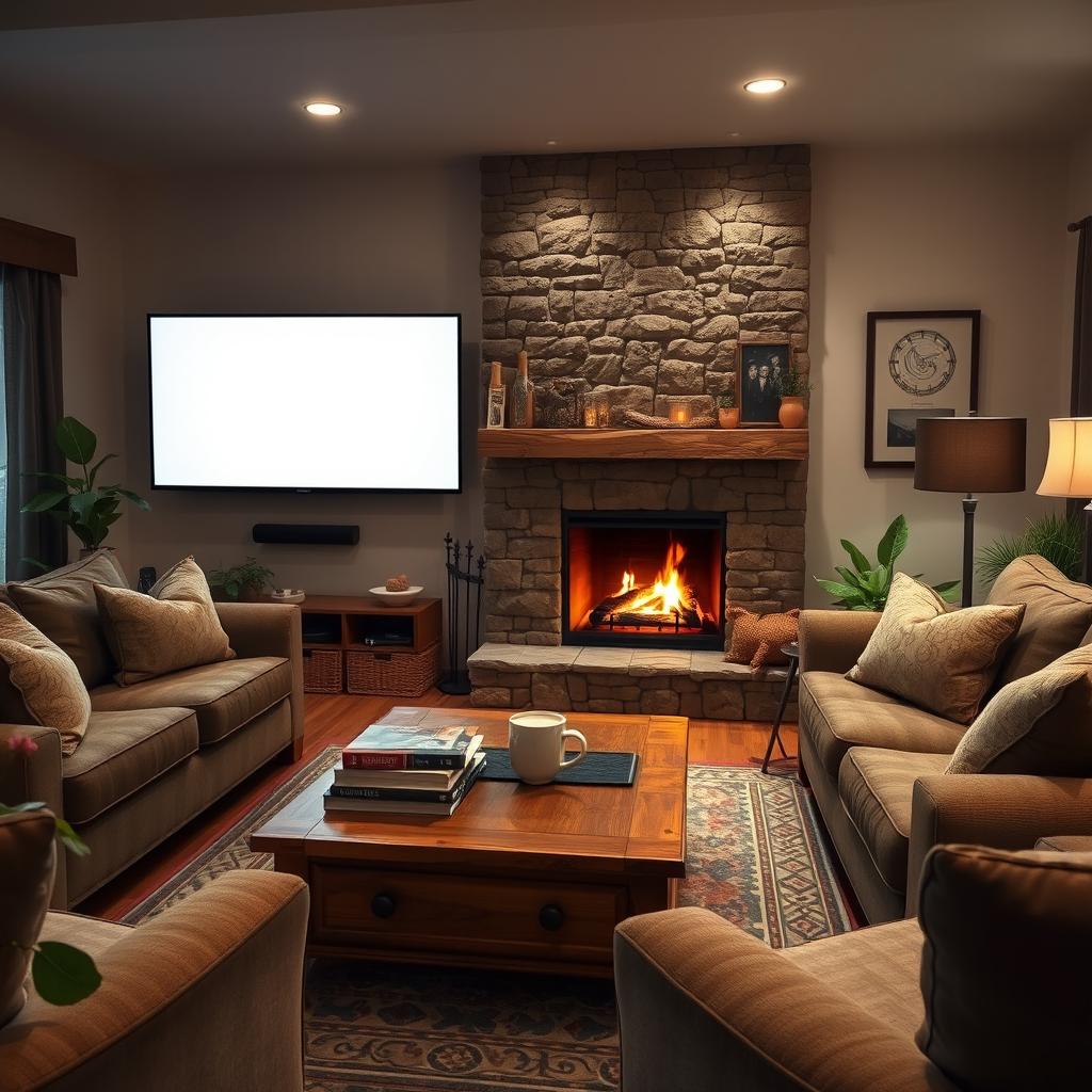 A cozy living room scene featuring a large flat-screen television mounted on the wall opposite a warm, crackling fireplace