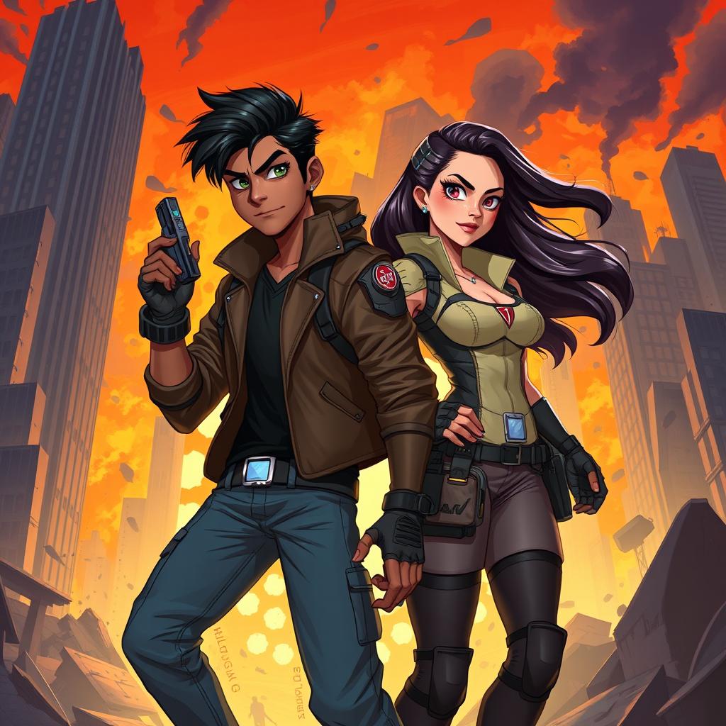 A colorful 2D illustration featuring two characters named Sanjeet and Sola in a vivid, apocalyptic setting inspired by 'The Doomsday Date'