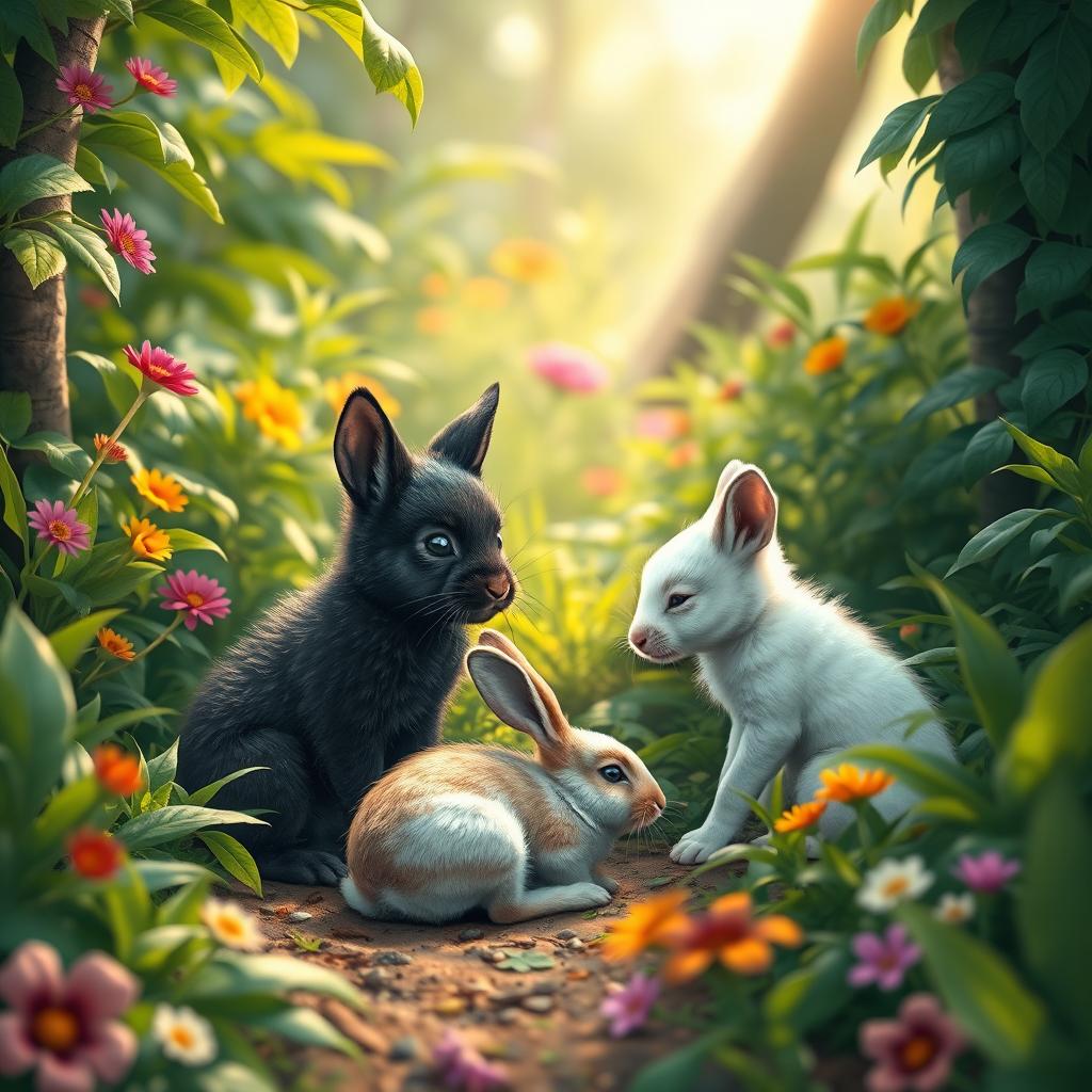 A sad rabbit sitting on the forest floor surrounded by lush greenery in a vibrant jungle