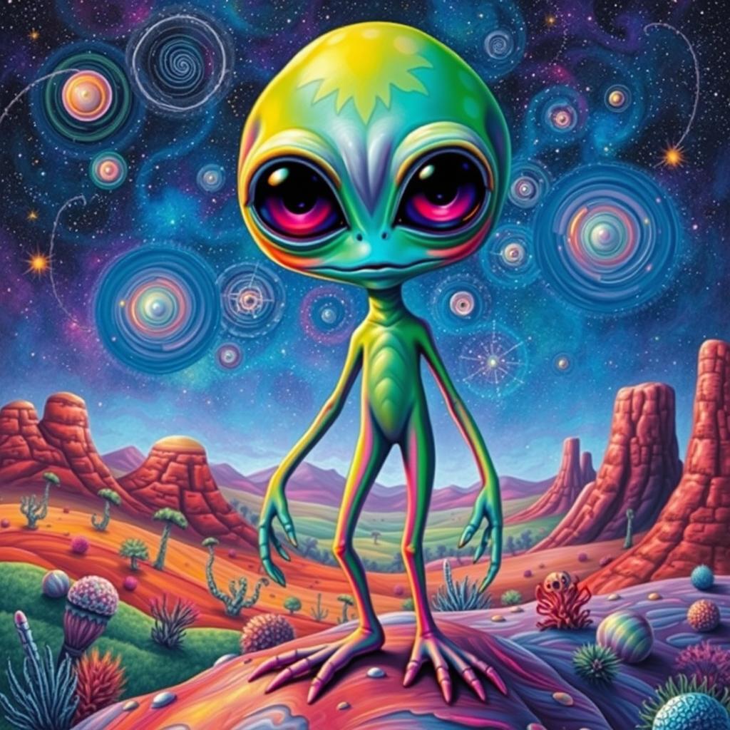 A vivid and imaginative depiction of an alien being with unique features such as large, expressive eyes, vibrant skin colors ranging from green to blue, and elongated limbs