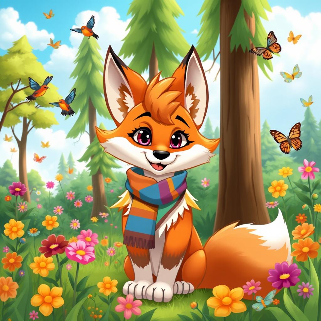 A vibrant furry art scene featuring a stylized anthropomorphic fox with bright orange and white fur, playful expression, and bushy tail
