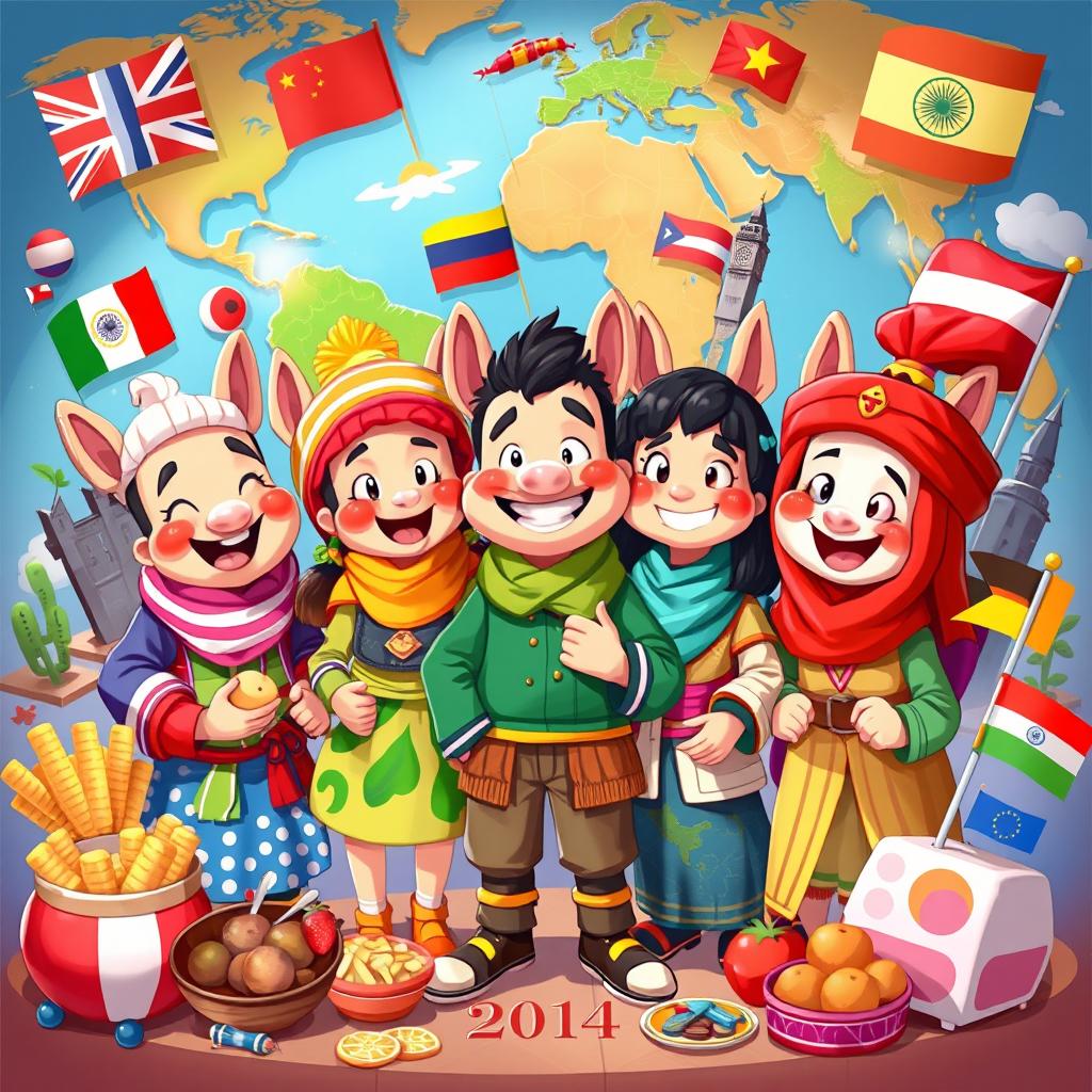 A vibrant and colorful art scene depicting anthropomorphic characters inspired by countries around the world, showcasing their unique cultures and traditions
