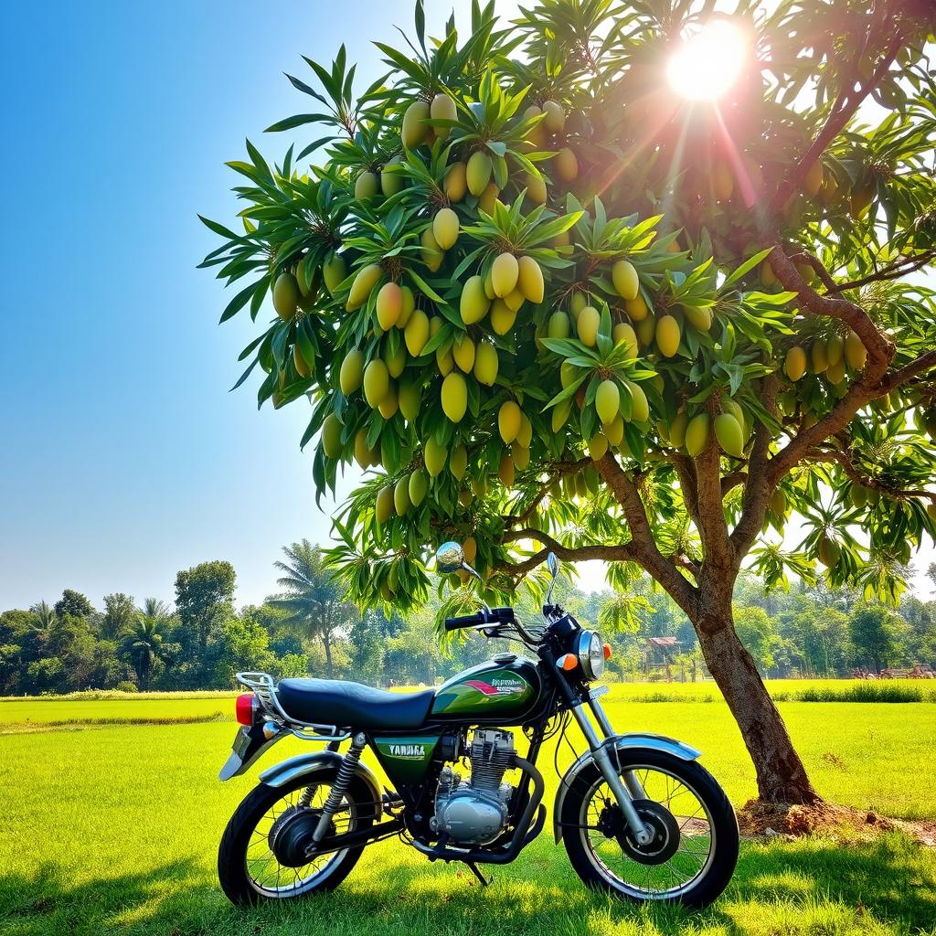 A Yamaha Bell 80 motorcycle parked under a mango tree in a serene rural setting