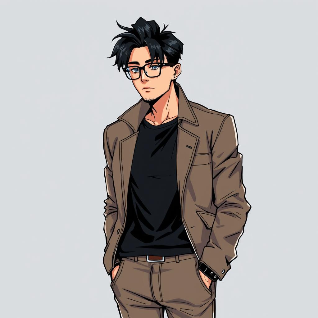 A black-haired adult male character illustrated in manhwa style, dressed in modern fashion with a fitted jacket over a casual t-shirt and stylish pants