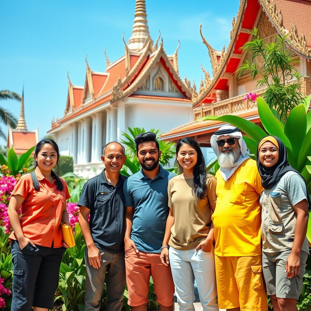 Five workers standing together, smiling and enjoying a sunny day in Thailand