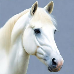 This is a mesmerizing coloured pencil drawing of a white horse's face, crafted with the highest quality