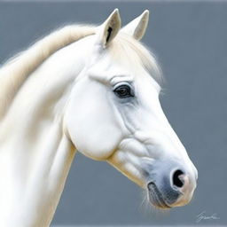 This is a mesmerizing coloured pencil drawing of a white horse's face, crafted with the highest quality