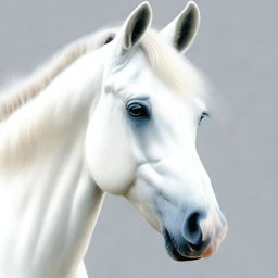 This is a mesmerizing coloured pencil drawing of a white horse's face, crafted with the highest quality