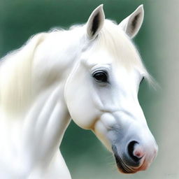 This is a mesmerizing coloured pencil drawing of a white horse's face, crafted with the highest quality