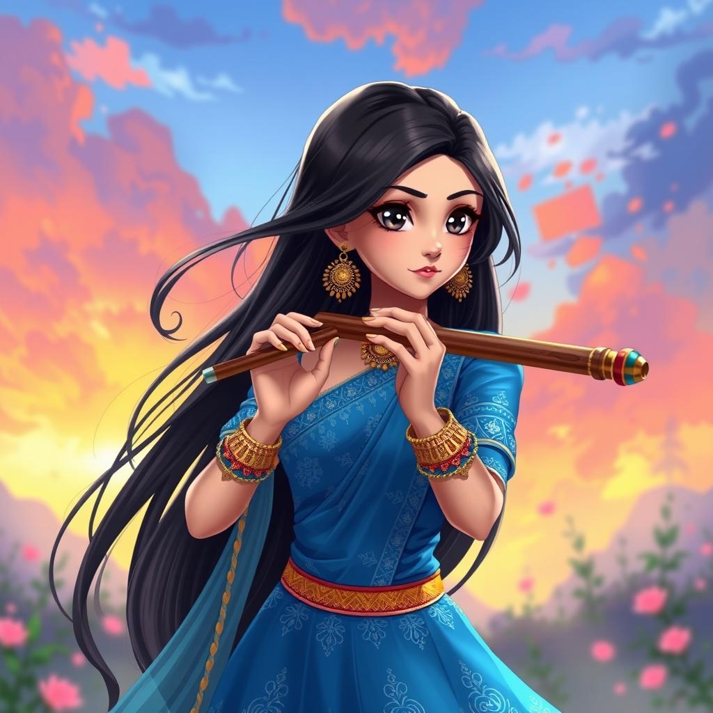 An Indian anime girl with long jet black hair and striking grey eyes, dressed in a stunning blue Anarkali suit adorned with intricate designs